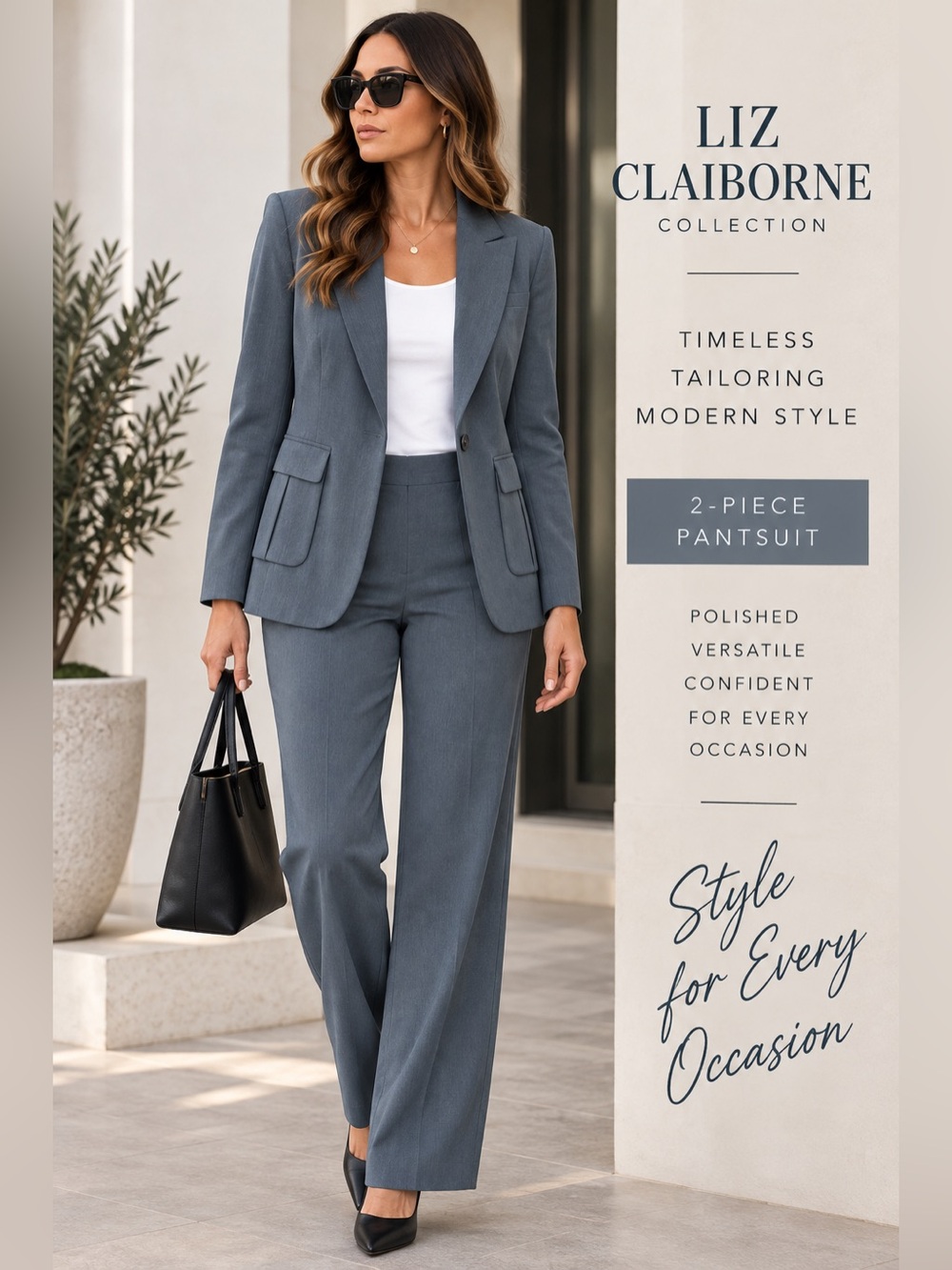 Liz Claiborne Collection Pantsuit Size 8 Blue Tencel Blazer Trousers 2 Piece